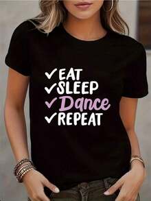 Camiseta de Mujer con Estampado de Elementos de Ballet, Cuello Redondo, Manga Corta, Corte Regular Casual, Tela de Primavera/Verano con Ligera Elasticidad, 100% Algodón - Negro - Ver 7