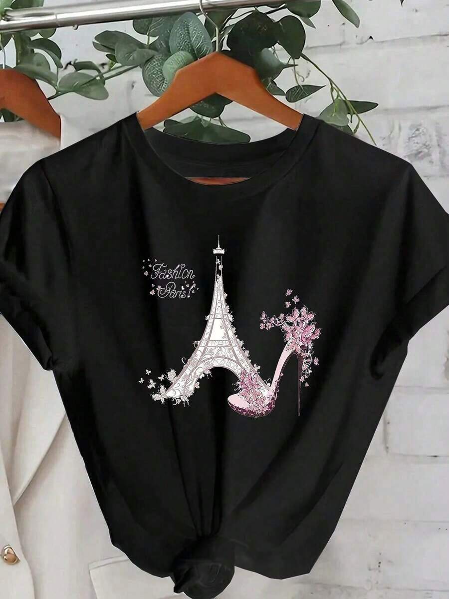 Camiseta básica para mujer de cuello redondo y manga corta con estampado, camisetas gráficas de uso casual diario-Vintage Street Style Unisexoose Cotton Short Sleeve Crew Neck T-Shirt - Negro - Ver 1