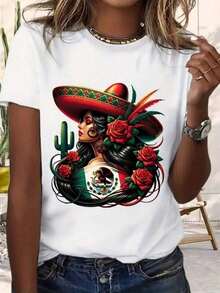 Premium Unisex Casual T-Shirts For Women, Mexican Hispanic Latin Cultural T-Shirt, Soft And Breathable, With Artistic Print Of The Mexican Flag, Cactus, Marigold And Sombrero, For Latin Heritage Month, Latin American Events, Machine Washable - 白色 - 查看 6