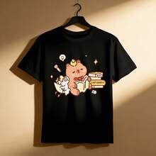 Tops para mujer Casual de Algodón para Mujer, Manga Corta, Cuello Redondo, con Estampado de Dibujos Animados - Negro - Ver 2