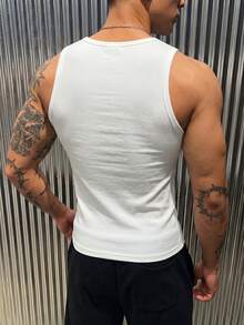 男士休闲日常白色背心，饰有刺绣复古硬币图案 - 白色 - 查看 2