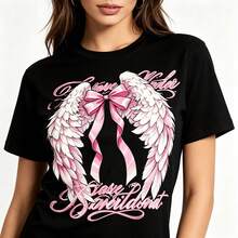 Tops para mujerEsta Chaqueta holgada estampada para niñas presenta un estampado de alas de mariposa y lazo en degradado rosa.El corte holgado y relajado perfecto para la vuelta al cole, citas, salidas informales y ropa de verano. - Negro - Ver 1