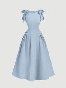 Vestido color albaricoque con cuello redondo, sin mangas, con ribete de contraste, lazo decorativo en la cintura y bajo acampanado - Celeste - Ver 6