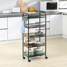 Serving Trolley With Wheels, 4 Shelves And 5 Baskets, With Handle, For Kitchen And Living Room, Made Of Black Steel. - Black - View 2