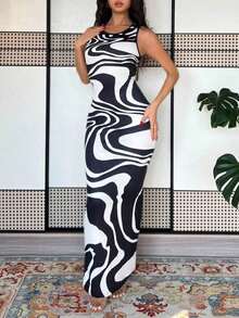 Vestido largo de mujer de vestido de escote con estampado de teñido anudado, vestido de verano largo, vestido largo verde maxi para outfit de mujer - Blanco y Negro 2 - Ver 3