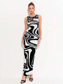 Vestido largo de mujer de vestido de escote con estampado de teñido anudado, vestido de verano largo, vestido largo verde maxi para outfit de mujer - Blanco y Negro - Ver 4