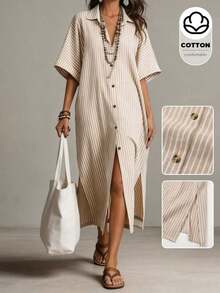 Holidaya Vestido casual de verano de algodón y lino con botones delanteros a rayas para mujer - Albaricoque - Ver 1