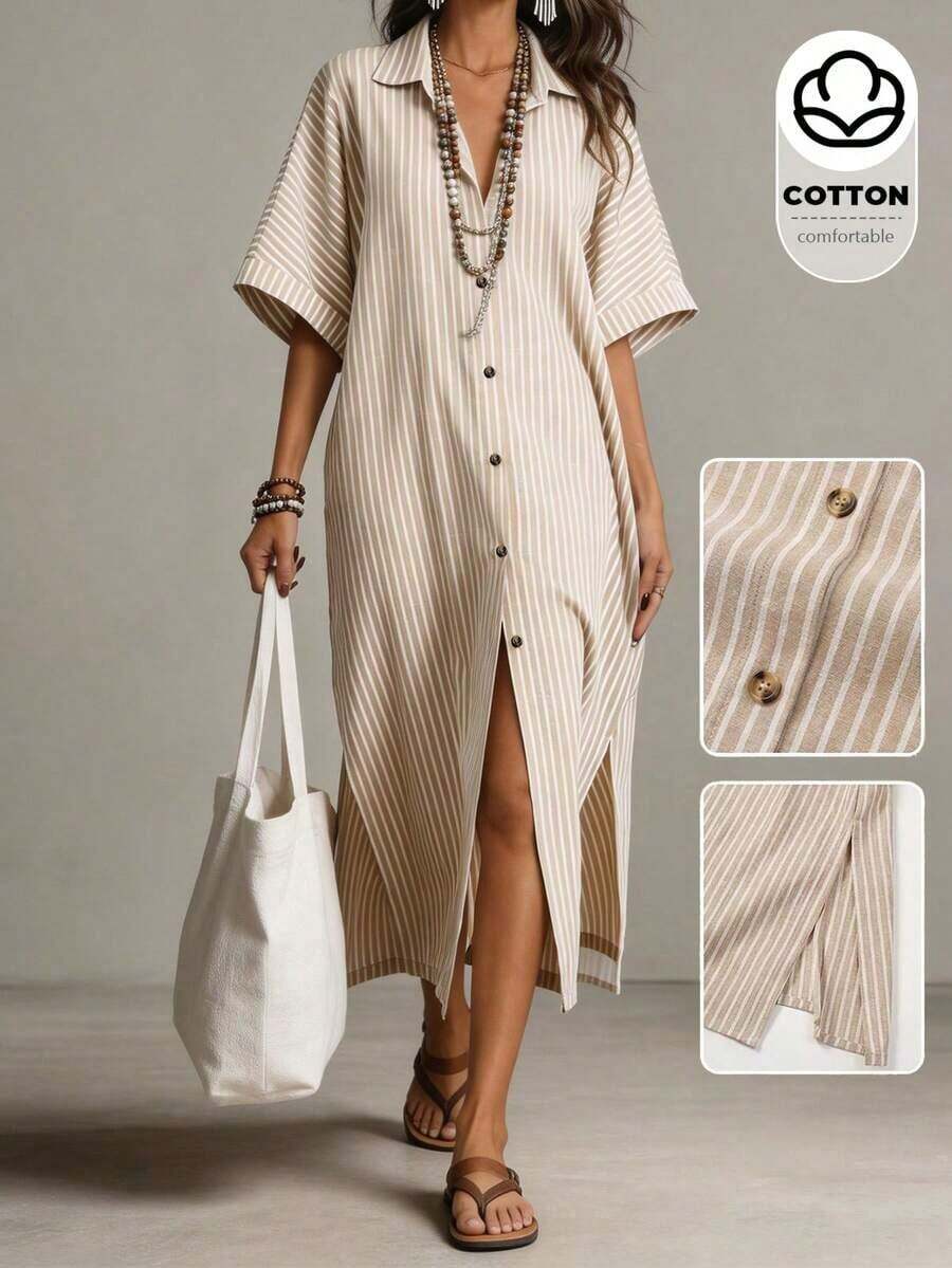 Holidaya Vestido casual de verano de algodón y lino con botones delanteros a rayas para mujer - Albaricoque - Ver 1