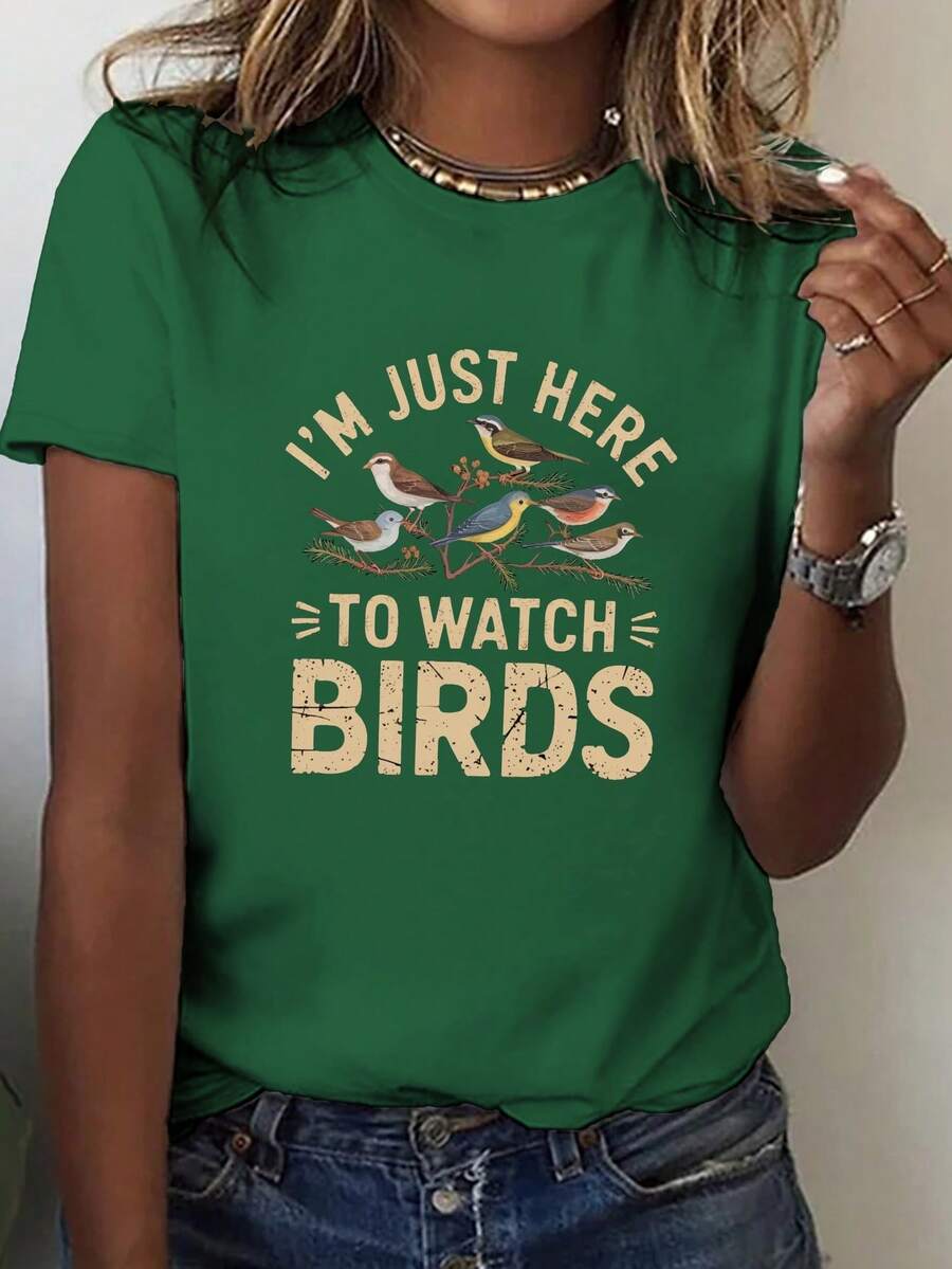 Camiseta clásica con estampado "Solo estoy aquí para observar los pájaros", de manga corta y cuello redondo, top casual, éxito de para mujer en primavera/verano. - Verde - Ver 1
