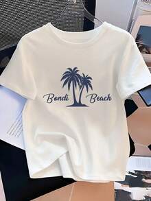 Camiseta de mujer con estampado de palmeras y la playa de Bondi, top de verano de manga corta. - Blanco - Ver 6