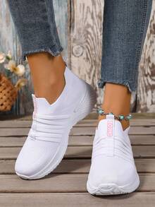 Women'S Slip-On Casual Athletic Shoes, Breathable Mesh Pastel Striped Design Tennis Shoes, All-Season Lightweight ComfortableIndoorOutdoorRunningShoes - 白色 - 查看 4
