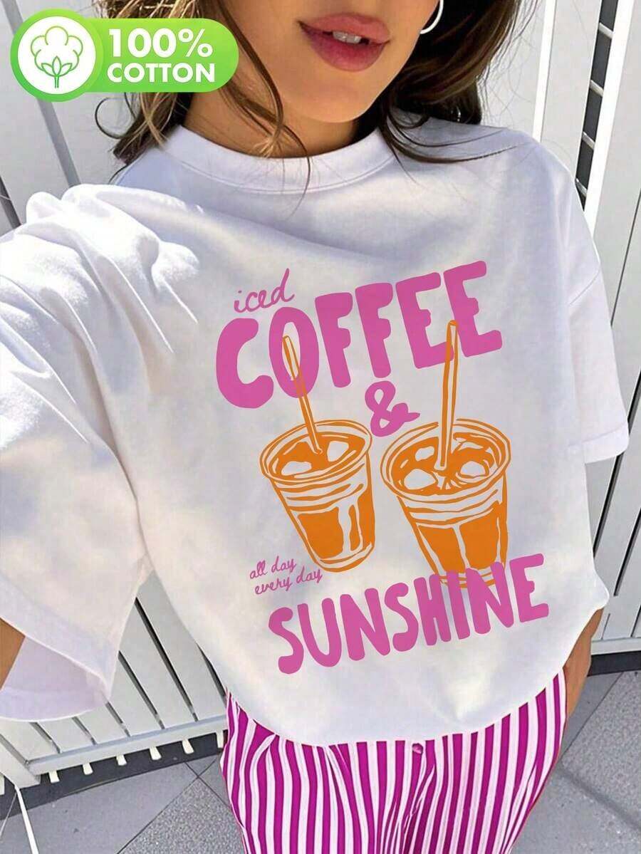 Women's Clothing. Pure Cotton Women's Summer T-Shirt, Stylish Coffee Print Tee, Short-Sleeved Top With Iced Coffee And Sun Print, A Gift For Coffee Lovers. Women's Shirts - 白色 - 查看 1