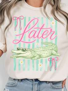 Elegante estampado de cocodrilo; Camiseta de manga corta con cuello redondo a la moda; Camiseta de verano casual y holgada, top casual transpirable para todas las estaciones, camiseta de mujer cómoda y suave. - Blanco - Ver 6