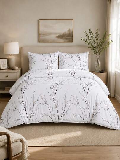 3pcs Bedding Set, Super Soft Fiber Fabric, Geometric Pattern & Floral Design, 1 Duvet Cover + 2 Pillowcases