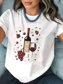 Elegante blusa casual para mujer con estampado de uvas y vino tinto, moderna camiseta casual con estampado de uvas y cuello redondo para mujer, camisas de algodón para mujer. - Blanco - Ver 7