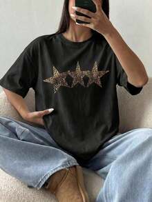 Camisetas de calor para mujer, camiseta blanca casual con estampado de leopardo y estrellas, manga corta, cuello redondo, top de poliéster para estilo urbano. - Negro - Ver 3