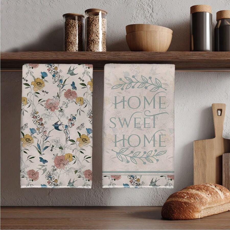 MEMNUN 2pcs Vintage Floral, Butterfly & Bird "Home Sweet Home" Printed Kitchen Towels, Dish Towels, Hand Towels, Dish Cloths, 15.75*23.62in(40*60cm) Super Soft Absorbent Microfiber Cleaning Cloths, Kitchen Accessories, Home Decor, Kitchen Decor, Suitable For Dining Room, Kitchen, Home Decoration And Gifts, All Seasons - Multicolor - View 1