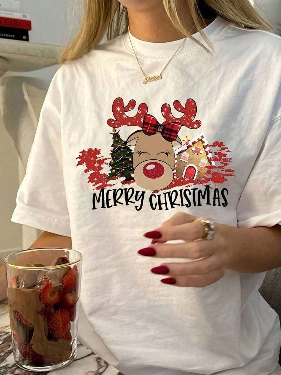 NewSummerCasualPlayera Navideña con estampado de Reno y accesorios Navideños, diseño colorido, ideal para esta temporada y uso diario, llamativo, moderno, holgado, cuello redondo, manga corta, ideal para toda la familia-Vintage Street Style Unisex Loose Cotton Short Sleeve Crew Neck T-Shirt - Blanco - Ver 1