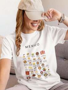 Short-Sleeved Crew Neck T-Shirt With "VIVA MÉXICO" Print, Casual Short-Sleeved Top With Gourmet Food Style Design, Suitable For Spring And Summer Season, Women's Clothing - 白色 1 - 查看 1