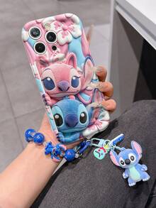 Disney Lilo & Stitch Phone Case With Stitch And Angel Charm And Stitch Lanyard - Cute Stitch And Angel Protective Case With Peekaboo Pose And Pink-Blue Stripe Background Design, Equipped With Delicate Stitch Decorative Lanyard And Beaded Bracelet For Easy Carrying, Compatible With IPhone 17, 16, 15, 14, 13, 12, 11 Pro Series, Ideal For Birthdays, Holidays, Anniversaries, Graduation Gifts, Or Any Special Occasion To Surprise Family, Friends, Classmates, And Loved Ones. - trắng - Xem 3