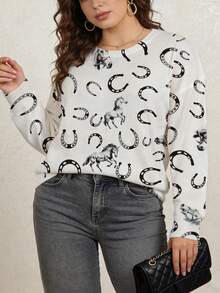 ASHKATIA Plus Size Women Knit Sweater, Retro American Western Style, Lucky Western Horseshoe Symbol, Autumn/Winter Vacation - Multicolor - View 11