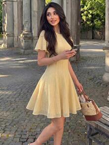 Vestido elegante y romántico de manga corta con encaje tejido amarillo, cintura y línea A para mujer, primavera/verano - Amarillo - Ver 5