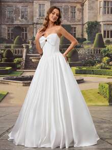 HEARBOBO Vintage Boho Backless Beaded Strapless A Line Wedding Dress Long Woven Fabric Bridal Gown White - White - View 5