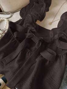 Frenchy Camiseta de tirantes de mujer con volantes de unicolor y parches, con detalle de nudo en la espalda - Marrón 2 - Ver 3