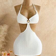 Summer Outfit For Women Summer Dress Party Outfit Beach Dress White Dress Women's Solid Color Shell Decor Cutout Waist Backless Halter Mini Dress, Vacation - Blanco - Ver 5