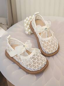 1 Pair Girls' Hollow Mesh Breathable Shoes, Decorated With Bows And Rhinestones, Soft Rubber Sole, Round Toe, Single Strap, Flat Heel, Sweet Princess Style Mary Jane Mesh Shoes, Suitable For Summer Daily Wear, School, Parties, Weddings, And Banquets - Beige - View 5
