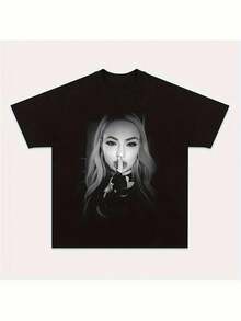 Camiseta unisex de estilo bohemio con estampado de la cara de una belleza rubia y un lápiz labial, hecha de material puro, suave y agradable al tacto, una prenda básica de moda urbana casual adecuada para todas las estaciones, versátil para cualquier temporada, asequible para el uso diario y también un regalo de Navidad perfecto para fans y amigos.camisas de mujer sudaderas para mujer sueter blusa casual mujer verano vestidos de graduación - Negro - Ver 1