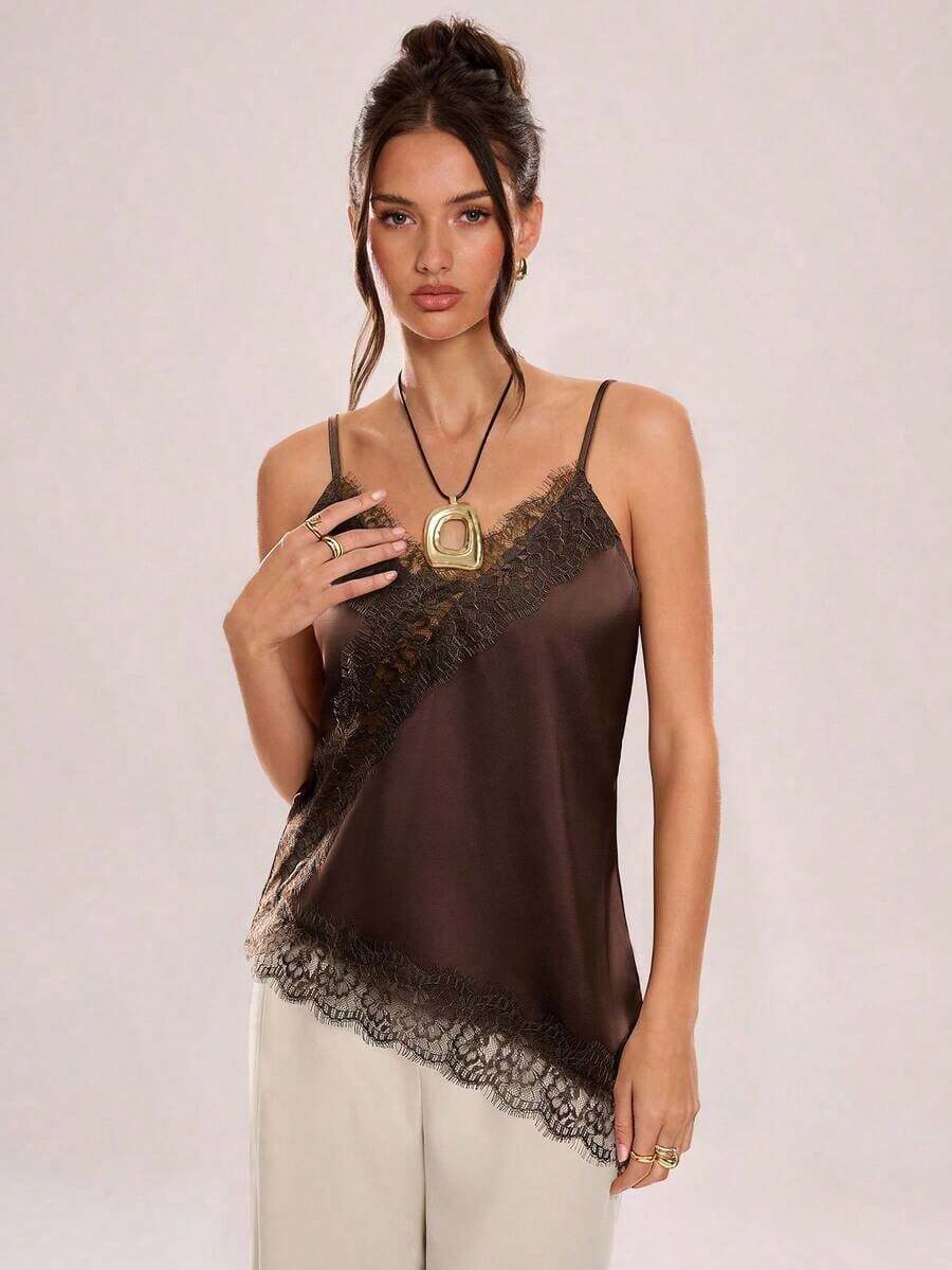 Camiseta de tirantes asimétrica con entramado de encaje transparente - Marrón 2 - Ver 1