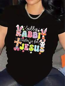 Talla Grande - Talla Grande - Camiseta Drtida de Pascuara Mujer | Camiseta Gráfica de Conejo Tonto, Pascua es para Jesús con Conejo y Huevos - Ropa Ligera de Iglesiarrimavera - Ropa Religiosa Humorísticara Jesús - Cuello Redondo, Tejido Ligeramente Elástico, Patrón Geométrico - Negro - Ver 2