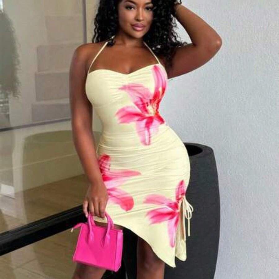 Women's Vacation White Based Pink Floral Romantic Print Asymmetric Hem Halter Bowknot Bodycon Dress, For Beach, Western, Festival, Summer Outfit, Boho,Summer Dresses For Women - Rosa - Ver 1