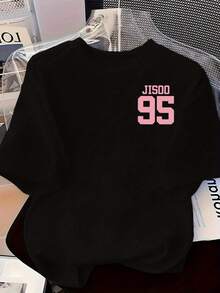 Camiseta Casual de Manga Corta para Mujer - Estampado Gráfico JISOO 95, Negra con Letras Rosadas, Cuello Redondo, Largo Regular, Ajuste Cómodo para Todas las Temporadas, Camisetas para Mujer, Camiseta para Dama, Camisa Dox, Ropa Liz Lisa, Camiseta Lisa Backpack, Camisa de Jisoo, Top para Mujer, Ropa Divertida y Estética, Top Estampado, Camiseta Cómoda, Camiseta para Uso Diario, Fashionofertas playera de hombretops sudaderas para mujer Y2k Camiseta Camisa De - Blanco - Ver 1