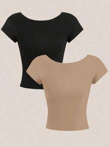 2 piezas Camiseta corta y ajustada casual de mujer con cuello redondo y espalda descubierta, para verano - Multicolor 2 - Ver 2