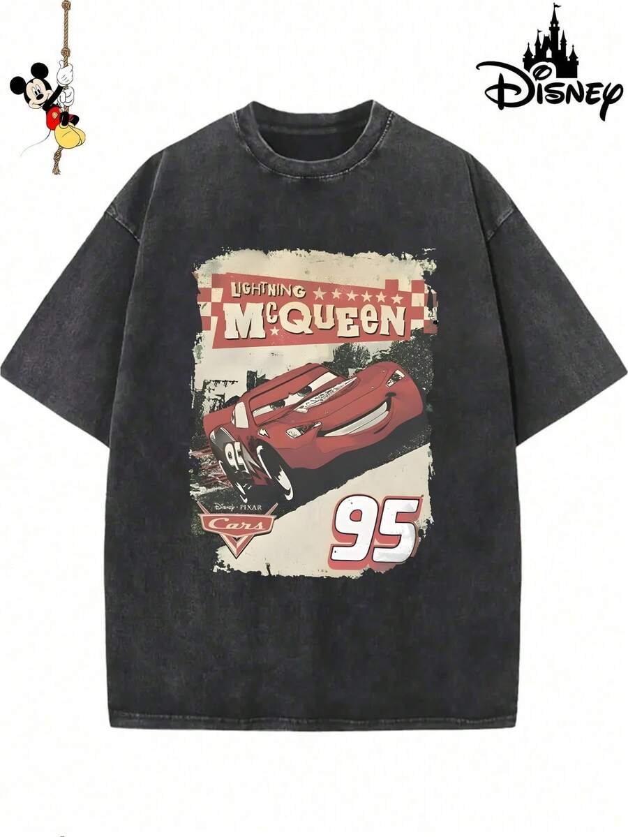 Men's Disney High‑Quality Washed Cotton Tee, Lightning McQueen Vintage Poster Print, Retro Loose Street Top. - Black - View 1