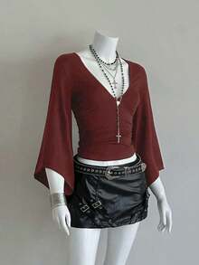 Camiseta ajustada con cuello en V profundo y mangas acampanadas sexy - Burdeos 2 - Ver 3