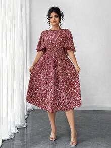 Vestido midi de línea A con cuello redondo, mangas con volantes y cintura recogida, con estampado floral pequeño, elegante y casual, talla grande para mujer - Rojo - Ver 5