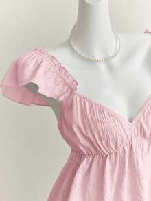 Top corto de camisola con escote bajo y espalda descubierta, con manga tipo gorra y volantes en azul, diseño sexy - Rosa - Ver 6