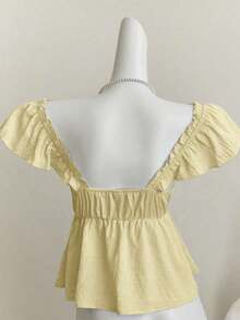 Top corto de camisola con escote bajo y espalda descubierta, con manga tipo gorra y volantes en azul, diseño sexy - Amarillo - Ver 2