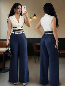 Conjunto de blazer corto sin mangas de color contrastante y pantalones rectos elegantes de estilo de oficina para mujer, atuendo profesional de oficina, vestimenta de maestra, ropa para ir y venir y uso casual - azul real - Ver 1