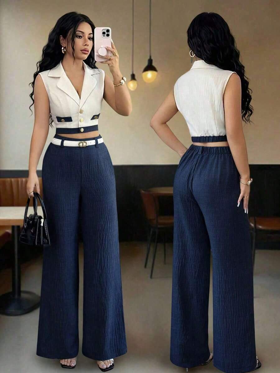 Conjunto de blazer corto sin mangas de color contrastante y pantalones rectos elegantes de estilo de oficina para mujer, atuendo profesional de oficina, vestimenta de maestra, ropa para ir y venir y uso casual - azul real - Ver 1
