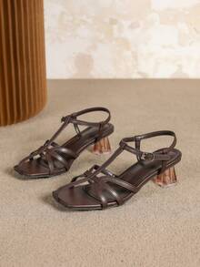 Giày sandal cao gót nữ kiểu dáng retro, mũi vuông, quai ngang bằng kim loại rỗng, thanh lịch và thoải mái, kiểu La Mã. - màu nâu - Xem 5
