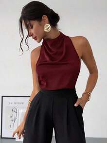 negra ajustada de estilo casual y elegante para la temporada de primavera/verano, con cuello asimétrico, sin mangas, escote halter, espalda descubierta y decoración de lazo - Granada - Ver 8