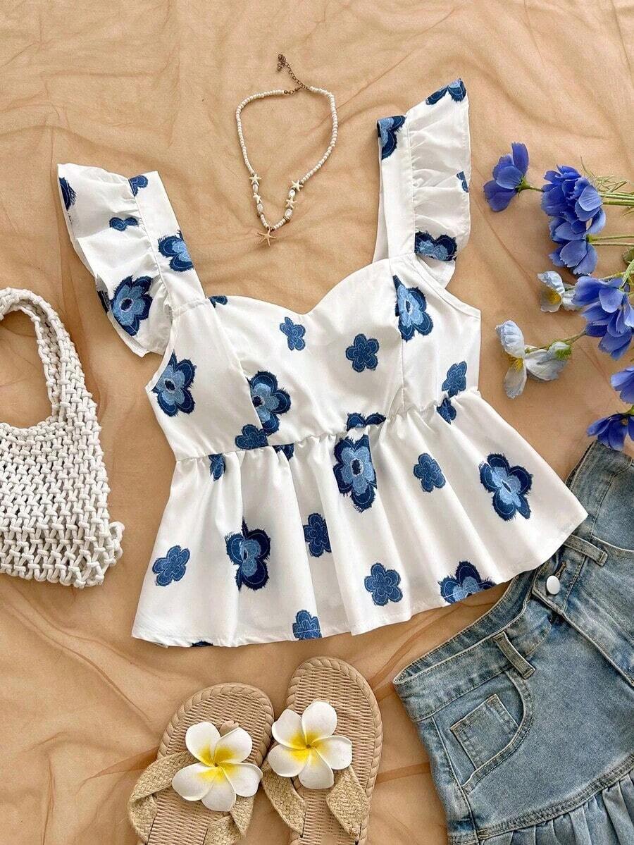 Blusa de corte de línea A con cuello cuadrado, manga corta y estampado retro azul y blanco, adecuada para fiestas, citas, el Día de San Valentín, el té de la tarde - Azul y blanco 4 - Ver 1