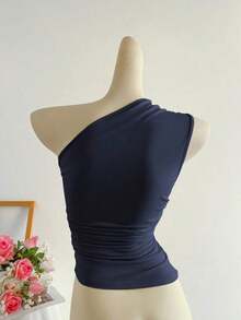 Blusa corta de un hombro con pliegues color albaricoque, minimalista, casual, elegante y versátil para uso diario de mujer, primavera/verano - Azul marino - Ver 2