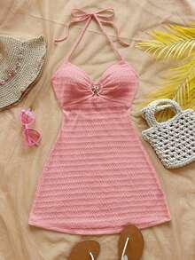 Vestido mini con textura, escote en V, decoración de estrella de mar metálica, cuello con lazo, espalda descubierta, ideal para vacaciones, citas, té de la tarde, días festivos, festivales de música, estilo bohemio - Rosa - Ver 4