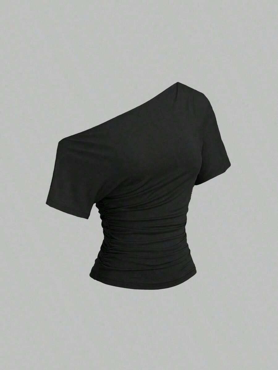 Nueva camiseta casual de primavera/verano para mujer, de estilo elegante y chic de la calle, con hombro asimétrico, ajuste delgado, deportiva, versátil y cómoda - Negro - Ver 1