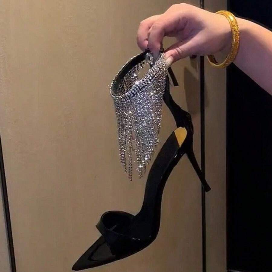 Giày sandal nữ thời trang thường ngày đính đá, tua rua, mũi nhọn, quai ngang, gót nhọn cao, hở mũi bằng da bóng màu đen, thích hợp cho tiệc tùng. - màu đen - Xem 1